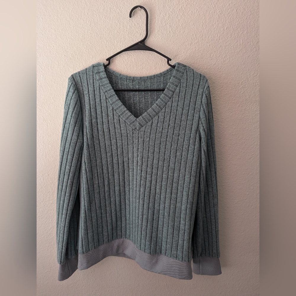 Shein Ribbed V-Neck Long Sleeve Blue Sweatshirt